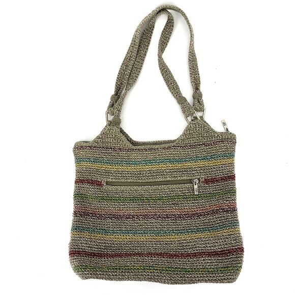 The Sak Woven Crochet Knit Fabric Striped Tote Purse Beige Earth Tones - Picture 1 of 7